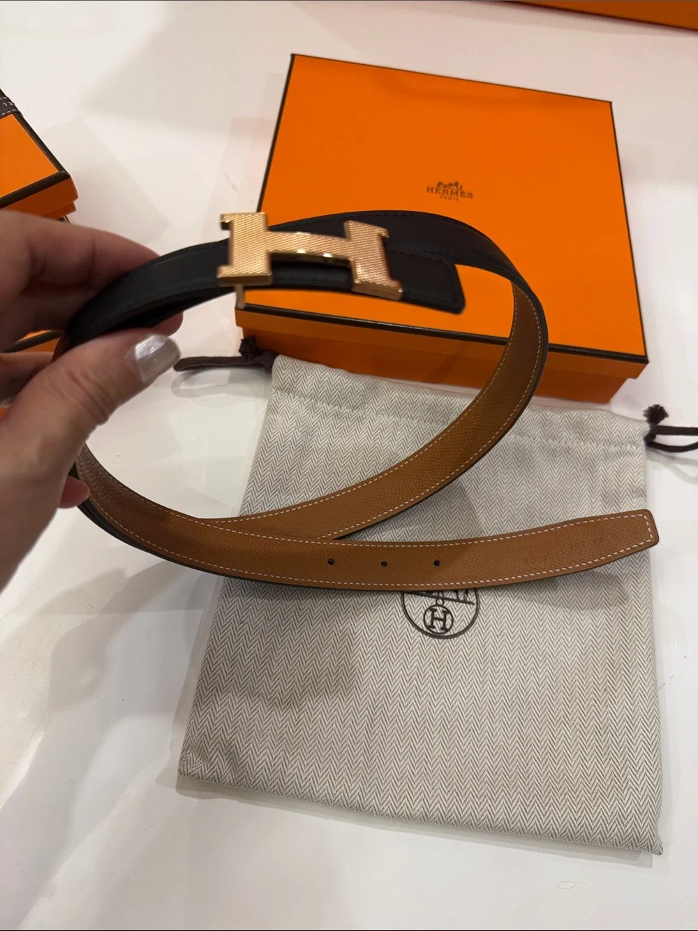 Hermès Black Leather Belt with Gold H Buckle